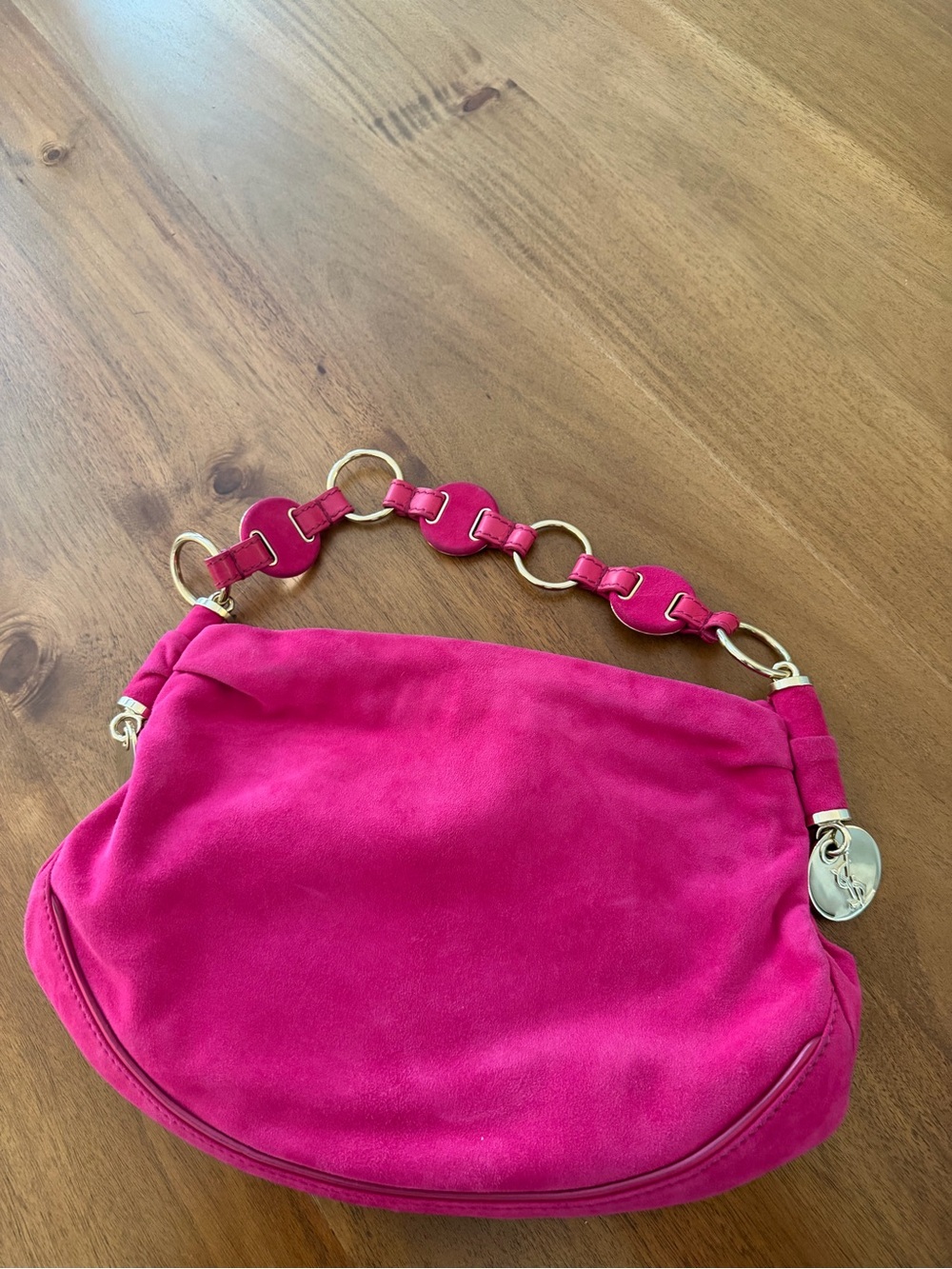 Yves Saint Laurent Hot Pink Suede Shoulder Bag with Gold Chain